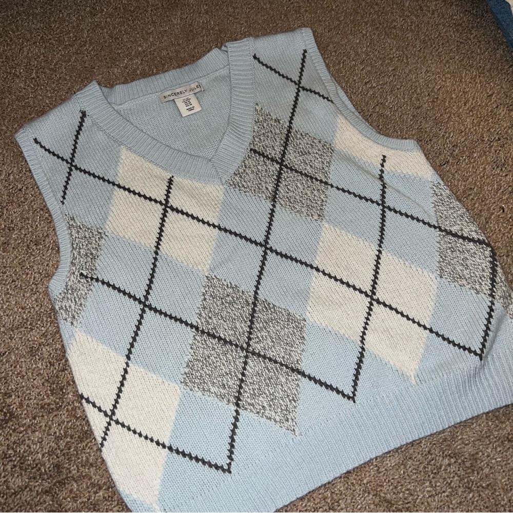 Sincerely Jules Blue and White Argyle V-Neck Sweater Vest